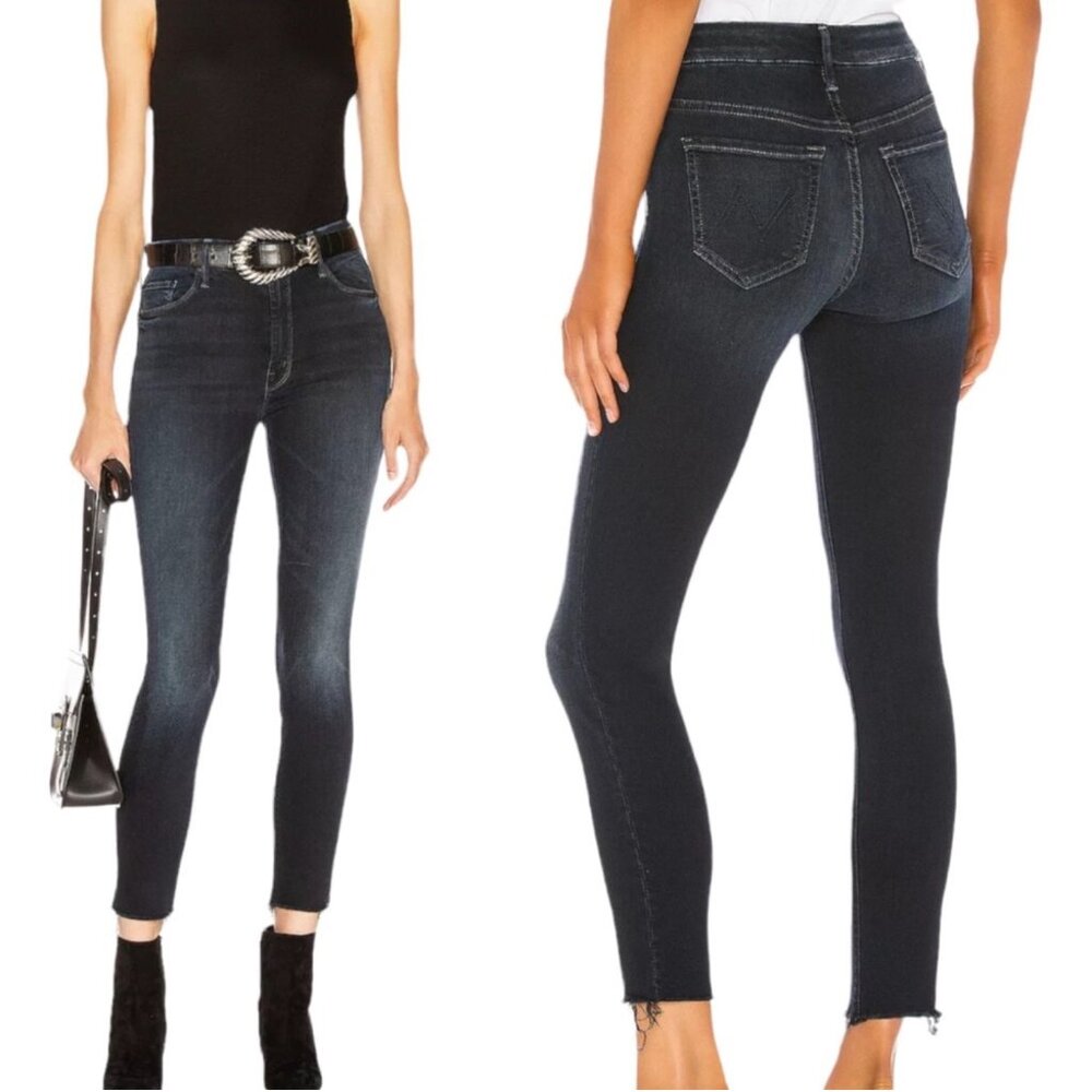 Mother Jean Womes High Waisted Looker Ankle Fray Last Call 26x27 Blue Dark Wash